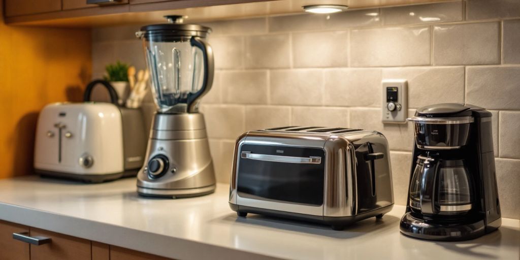 Clean kitchen with shiny appliances on the countertop.